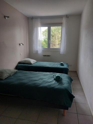 two beds in a room with a window at Pavillon - T2 Duplex avec Terrasse et Parking in Montagnat