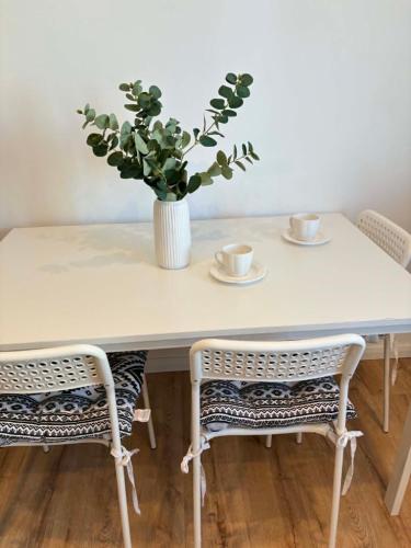 a white table with two chairs and a vase with a plant at The Urban Nest apartament in Giurgiu
