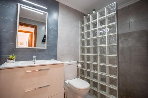 a bathroom with a toilet and a sink and a mirror at Apartamentos Obelisc in Can Picafort