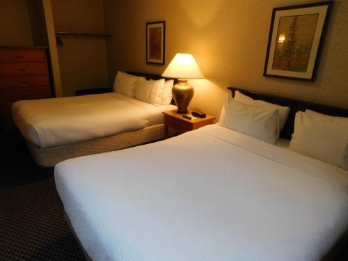 a hotel room with two beds and a lamp at Douglas Fir Resort & Chalets in Banff