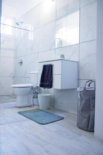 a bathroom with a toilet and a sink and a mirror at Beach Bay Terrace with Mountain views in Buccament