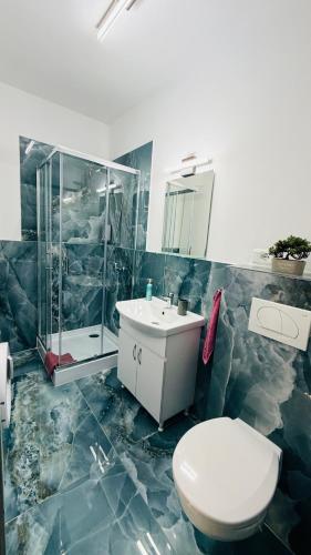 a bathroom with a toilet and a sink and a shower at Felicia Apartments in Arad