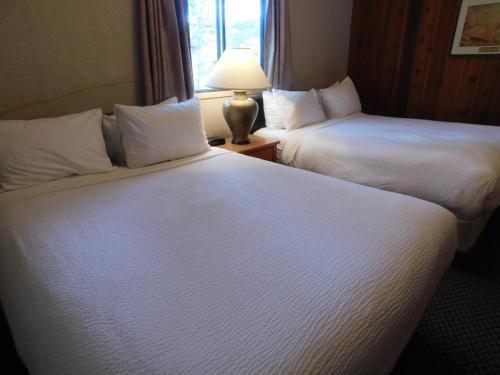 a hotel room with two beds and a lamp at Douglas Fir Resort & Chalets in Banff