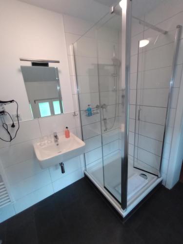 a bathroom with a glass shower and a sink at Pension-Fürstenberghavel Sans Rival in Fürstenberg