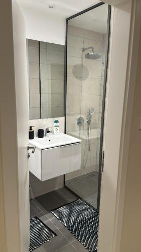 a bathroom with a white sink and a shower at Summers luxury at Bantree in Accra
