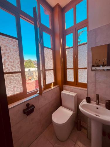 a bathroom with a toilet and a sink and windows at One bedroom apartment in Tbilisi City
