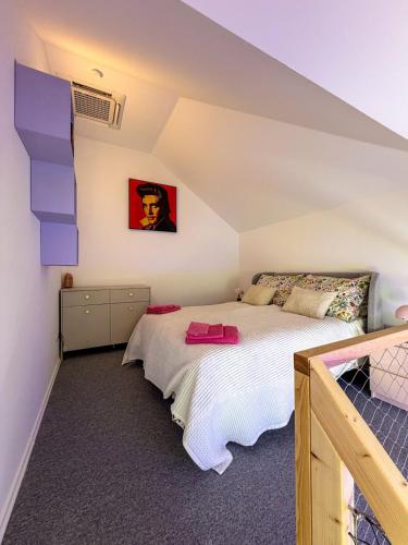 a bedroom with a bed in a attic at Barevný úlet - Písek in Písek