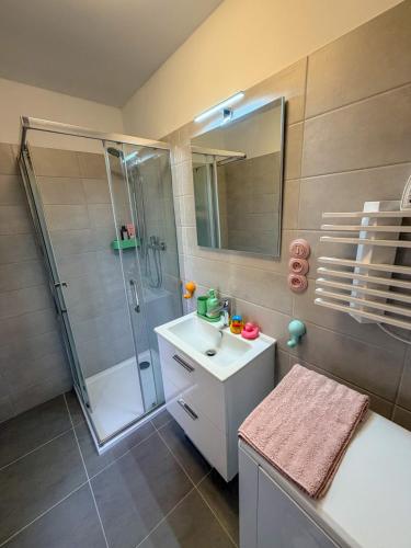 a bathroom with a shower and a sink and a mirror at Barevný úlet - Písek in Písek