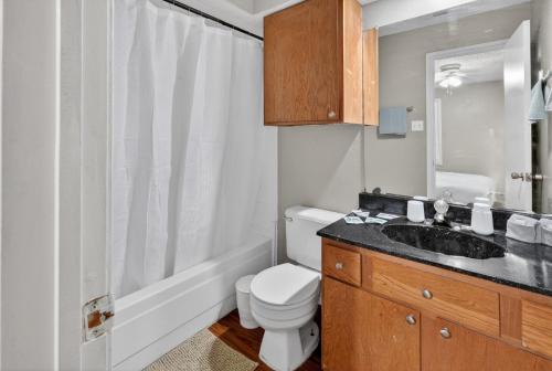 a bathroom with a toilet and a sink and a shower at District West 2BR near shopping & dining in Lubbock
