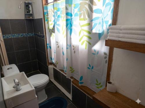 a bathroom with a toilet and a shower curtain at Apartaestudio amoblado Aeropuerto PIMSA bombona in Malambo