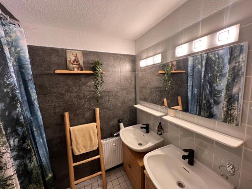 a bathroom with a sink and a toilet and a mirror at Vossenstuuv in Goslar