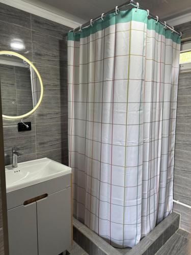 a bathroom with a shower curtain and a sink at The Barn in Cholpon-Ata