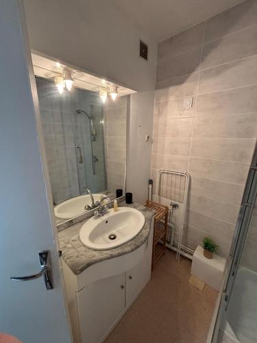 a bathroom with a sink and a mirror at Saint Hilaire sea view accommodation in Saint-Hilaire-de-Riez