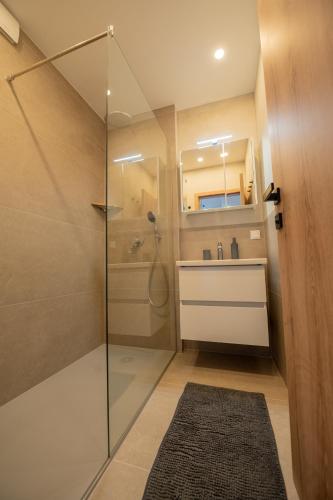 a bathroom with a shower and a sink and a mirror at Apartment Center Korzo 2 in Bihać