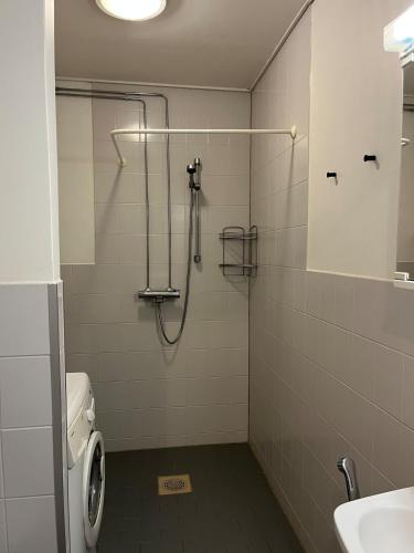 a bathroom with a shower and a toilet and a sink at Spacious one room apartment in Vaasa