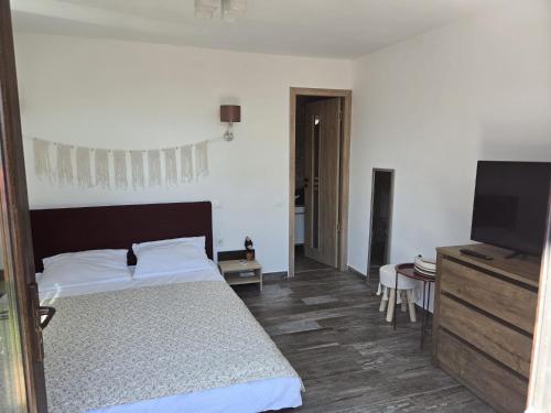 a bedroom with a bed and a flat screen tv at Casa Eva-Corbu in Corbu