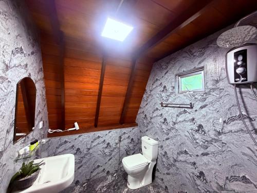 a bathroom with a white toilet and a sink at Rainforest Emerald Haven in Deniyaya