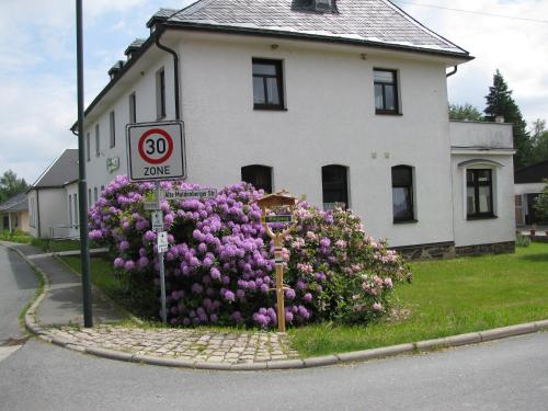 a house with purple flowers in front of a house at Reiterhof & Pension Lienemann in Grünbach
