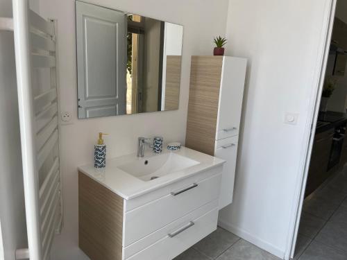 a bathroom with a white sink and a mirror at Appart dans bâtisse provençale in Sorgues