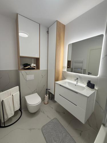 a white bathroom with a sink and a toilet at Urban Elegance in Cluj-Napoca