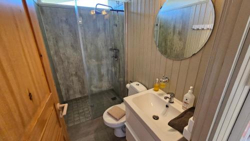 a bathroom with a shower and a sink and a toilet at Hvammur 1 with private hot tub in Drangsnes
