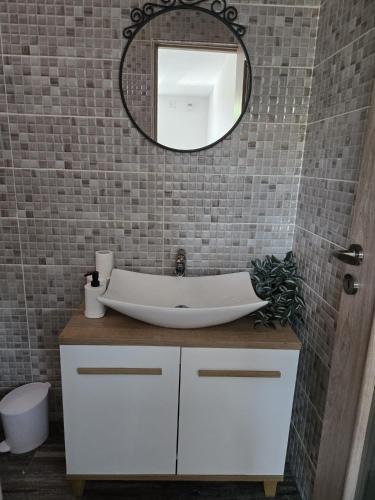 a bathroom with a white sink and a mirror at Casa Eva-Corbu in Corbu