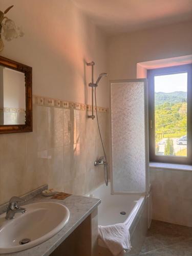 a bathroom with a sink and a tub and a mirror at Agriturismo I Chiosi in Comano