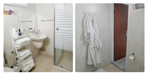 two pictures of a bathroom with a shower and a sink at רונלדו in Beʼerot Yiẕẖaq