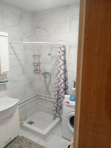 a bathroom with a shower and a washing machine at Centar in Valjevo