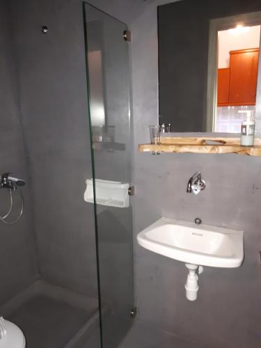 a bathroom with a sink and a glass shower at Helena Apartments in Paralia Panteleimonos