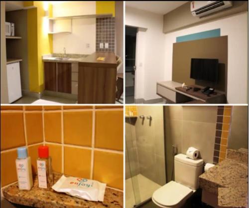 a collage of pictures of a kitchen and a bathroom at Apto do Veloso no Resort in Olímpia