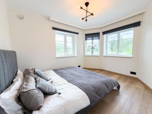 a bedroom with a bed and two windows at Lumy Housing in Pärnu