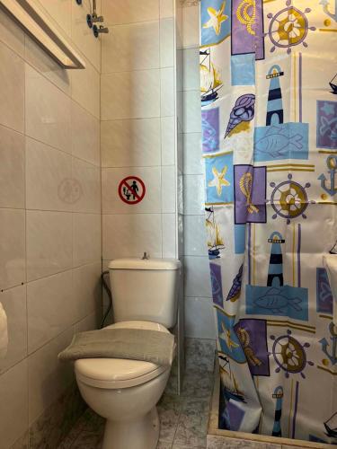 a bathroom with a toilet and a shower curtain at ABEAS Studios 2 in Avlákia