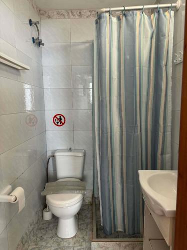 ein Badezimmer mit Toilette und Duschvorhang in der Unterkunft Abeas Samos Antonis 3 in Samos