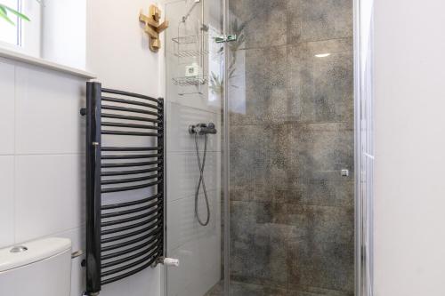 a bathroom with a shower with a glass door at Willa Antonina in Supraśl