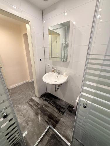 a bathroom with a sink and a mirror and a shower at Ferienwohnung Otterberg in Otterberg