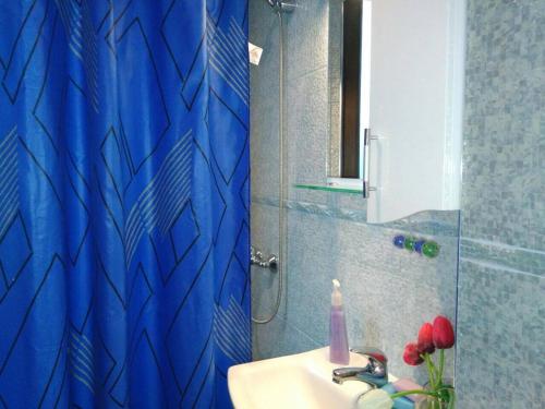 a bathroom with a sink and a blue shower curtain at Apartments Vicente in Golden Sands