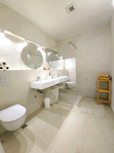 a bathroom with a sink and a toilet and a mirror at Apartments Gabriela in Drasnice