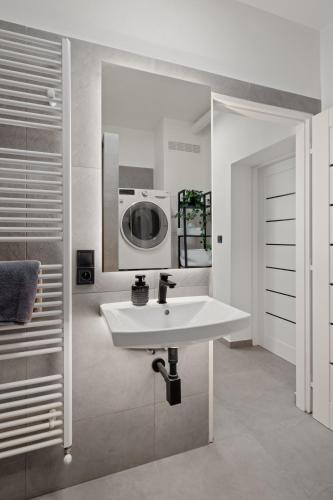 a bathroom with a sink and a washing machine at SPECTRA Rooms in Velké Meziříčí