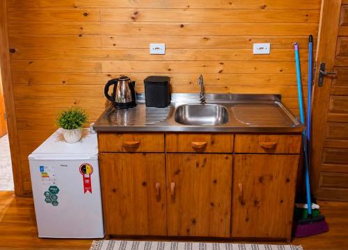 a kitchen with a sink and a refrigerator at Cabana Recanto dos Aparados in Cambará