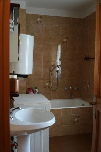 a bathroom with a shower and a sink and a tub at Appartamento Villa Rendena in Porte di Rendena