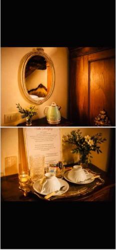 two pictures of a table with a plate and a mirror at Villa Dorigny Dimora Storica con Affreschi e Giardino in Verona