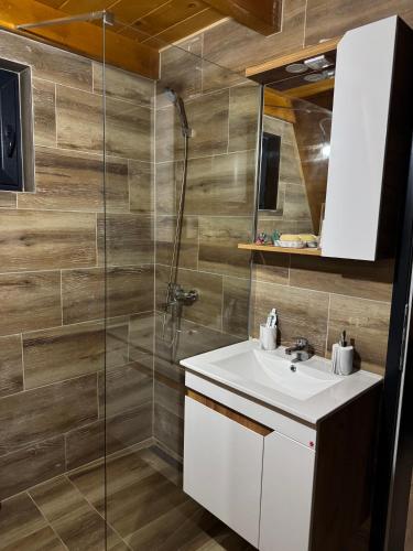 a bathroom with a sink and a shower at Vila Kalkan in Šipovo