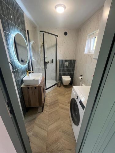 a bathroom with a sink and a washing machine at Perła prosto z Borów in Cekcyn