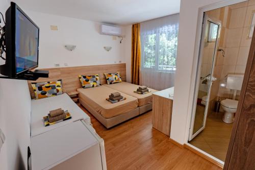 a small living room with a couch and a television at Hotel Aia Kavatsi in Sozopol
