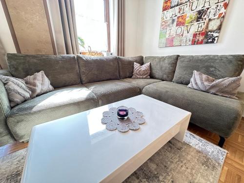 a living room with a couch and a coffee table at Ferienwohnung mit Terrasse - Hunde willkommen in Falkenstein