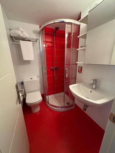 a bathroom with a shower and a toilet and a sink at La casina de Marga in Villaviciosa