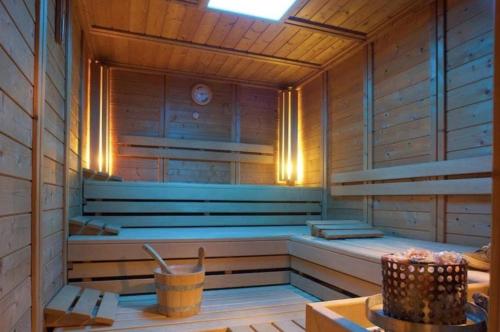 a sauna with benches in a wooden room at Ferienwohnung Darosa Bergblick in Seeg