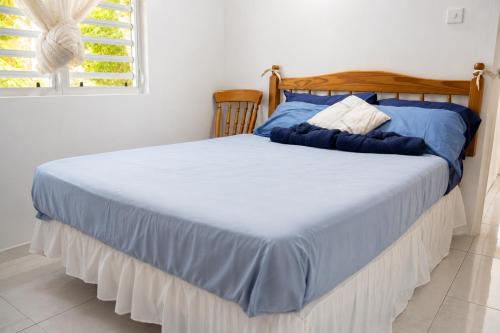a bedroom with a bed with blue sheets and a window at Good Times in Gingerland