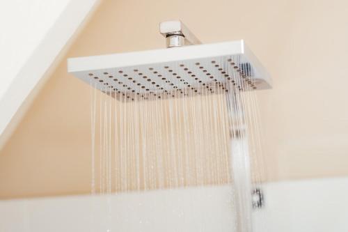 a shower with a shower head hanging from a ceiling at The Cott Inn in Totnes
